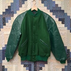 Vintage 70s Butwin Varsity Leather Wool Jacket Medium Green Blank Plain Union